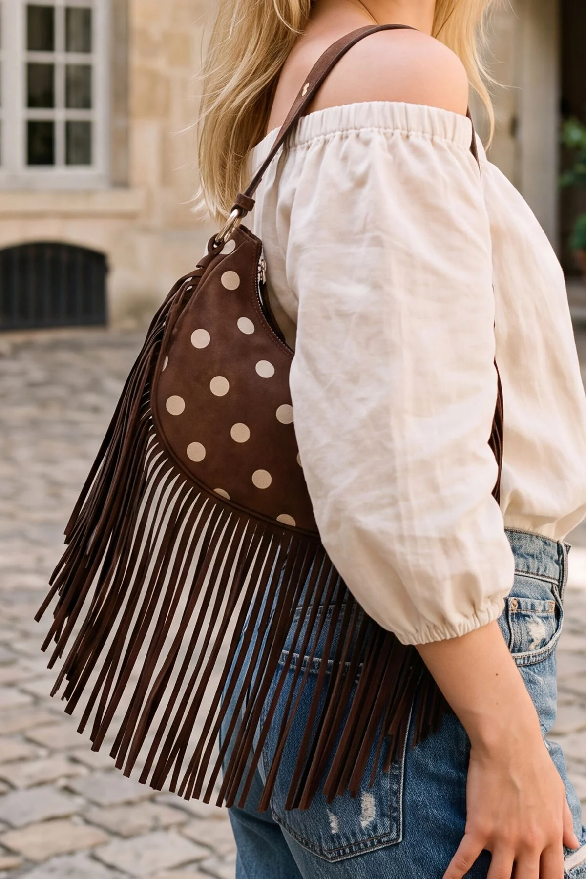 Polka Dot Fringe Detail Adjustable Strap Shoulder Bag