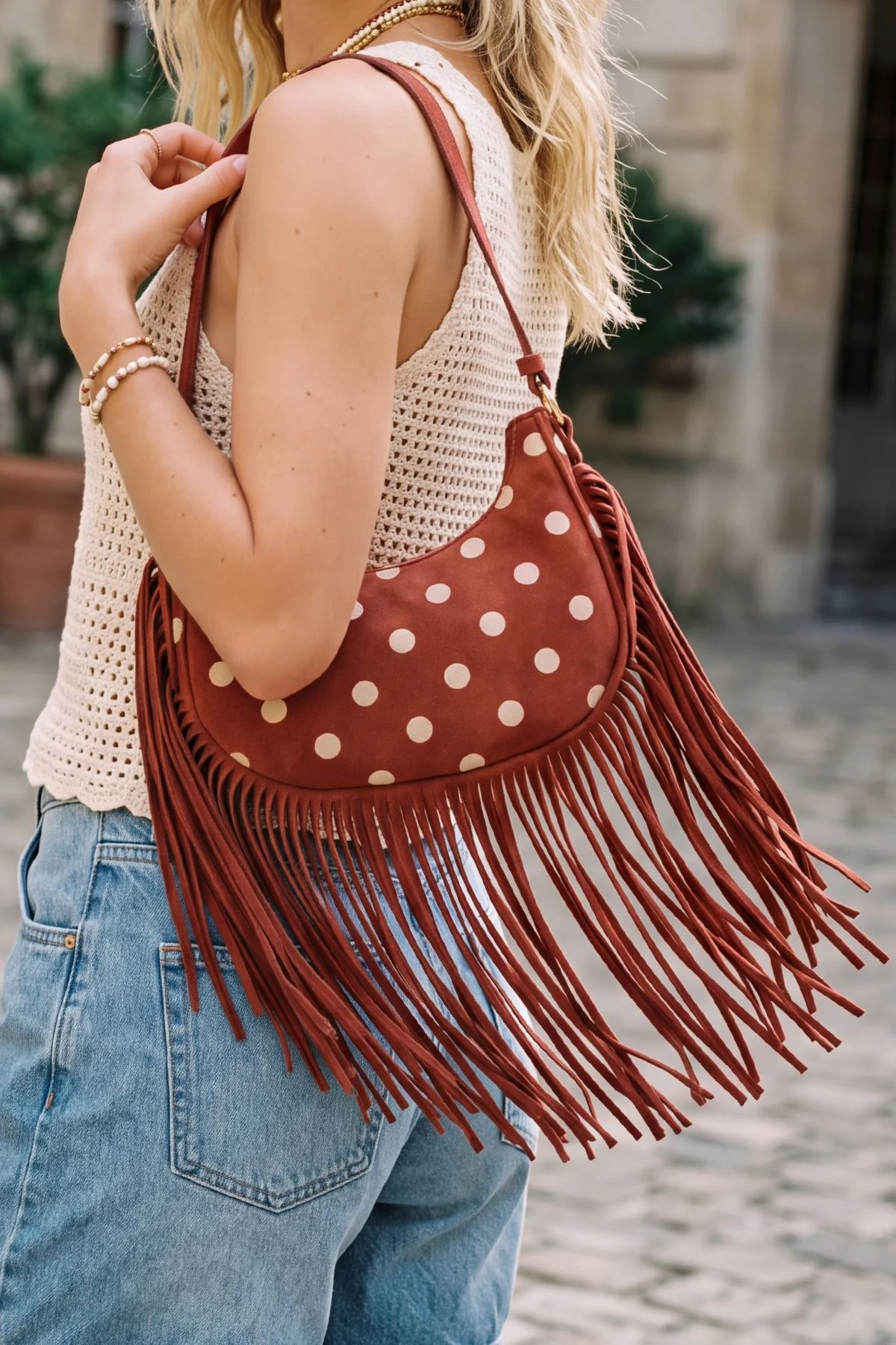 Polka Dot Fringe Detail Adjustable Strap Shoulder Bag