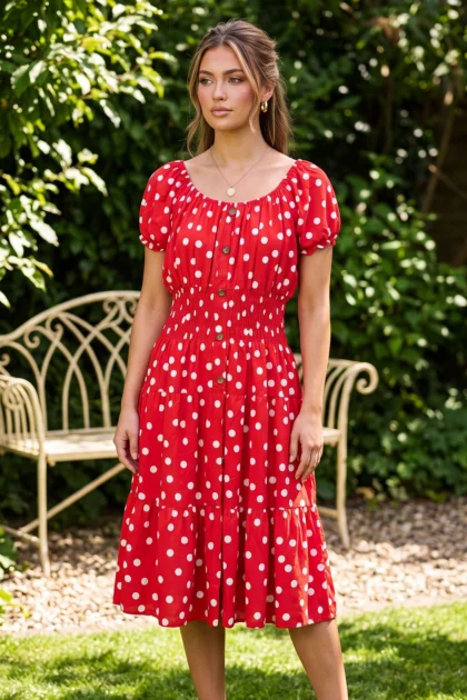 Polka Dot Midi Dress with Smocked Bodice and Puff Sleeves