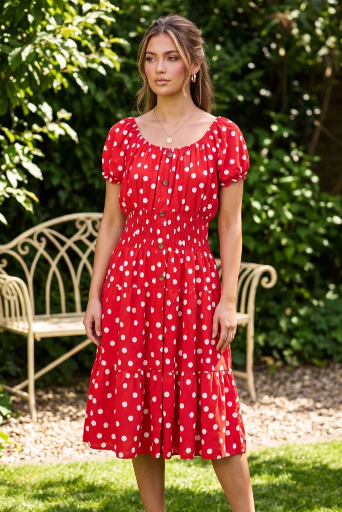 Polka Dot Midi Dress with Smocked Bodice and Puff Sleeves