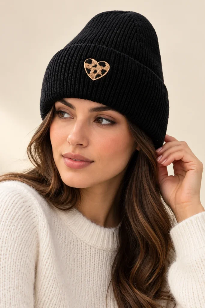 Ribbed Leopard Heart Patch Caps