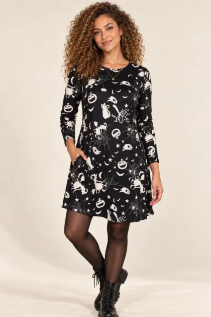 Cat Ghost Pumpkin Print Halloween Dress