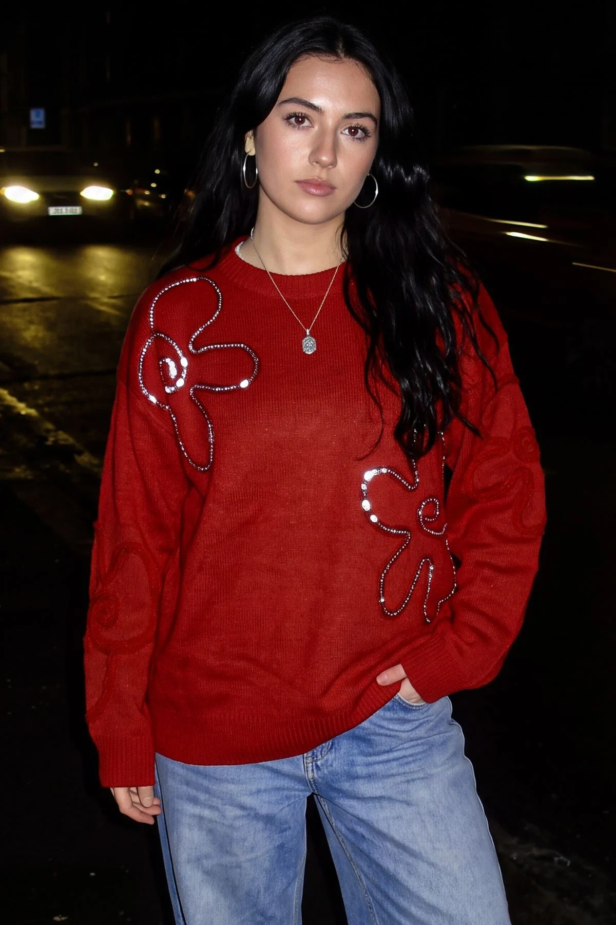 Sequin Floral Womens Knitted Jumper