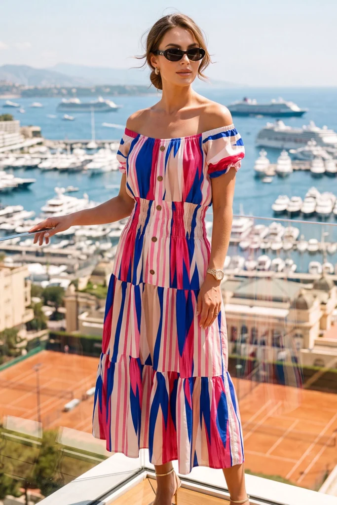 Shirred Waist Abstract Print Dress
