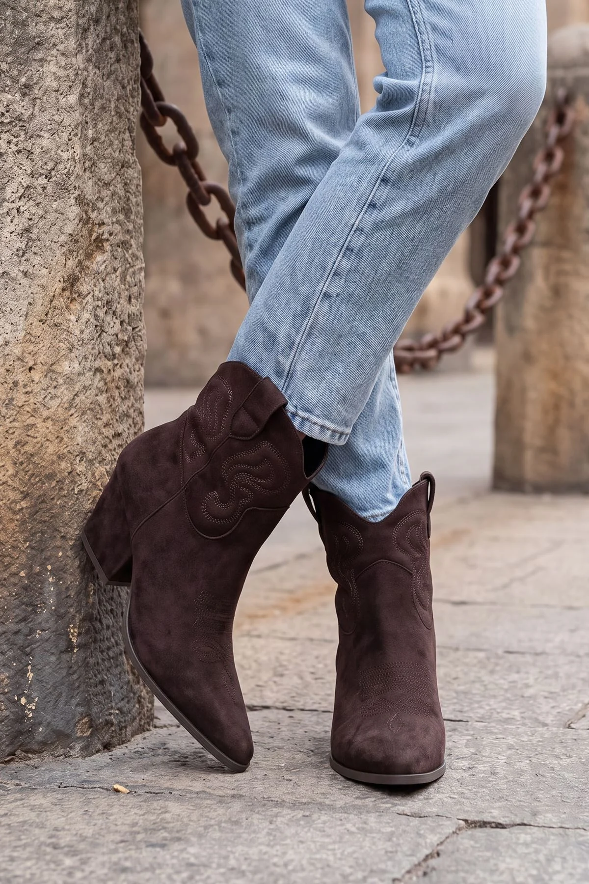 Side Zip Embroidered Suede Ankle Boots