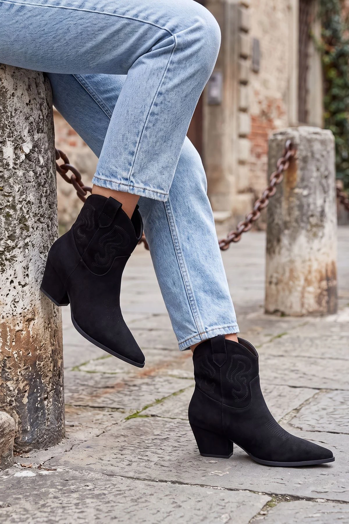 Side Zip Embroidered Suede Ankle Boots