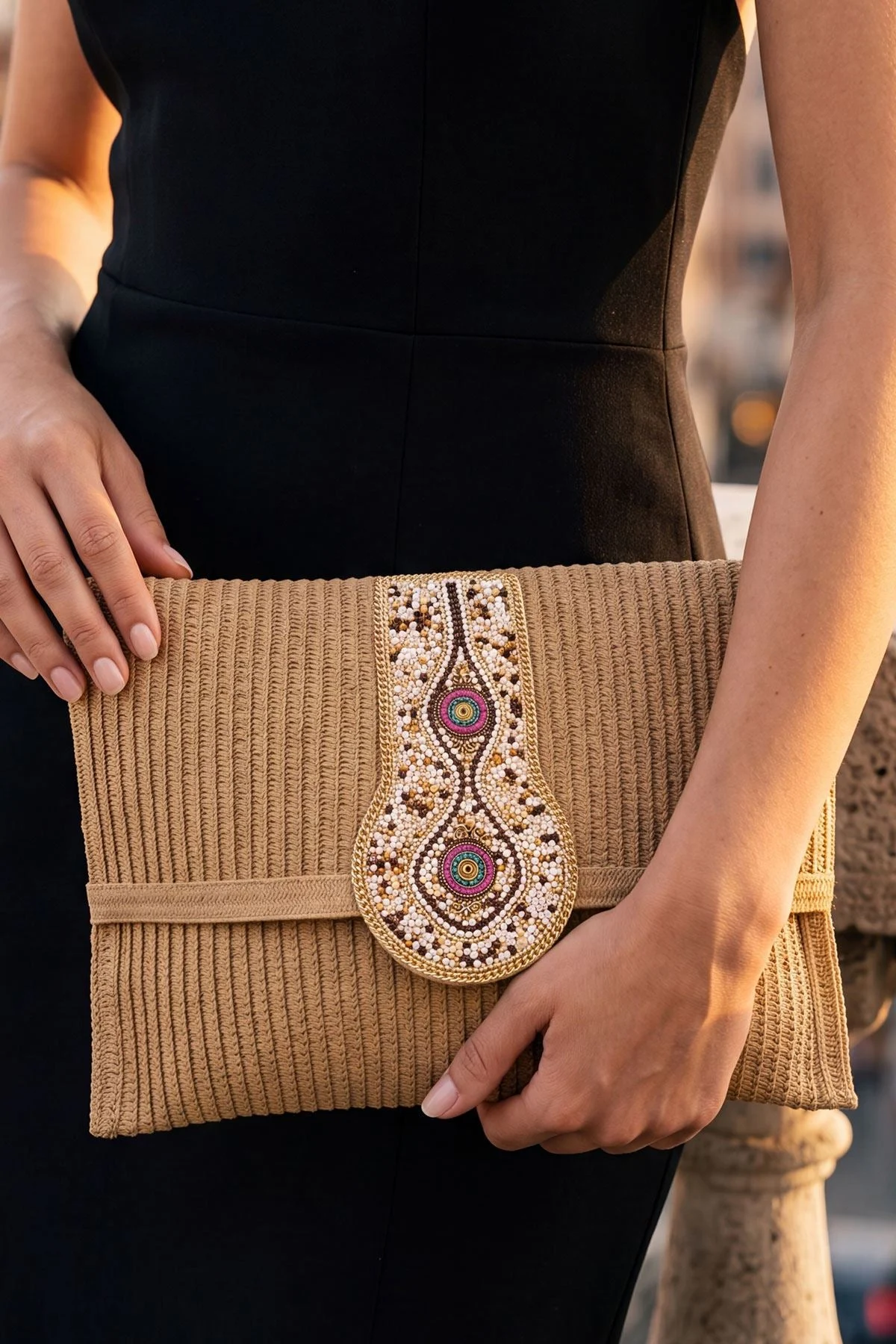 Straw Beaded Flap Adjustable Strap Clutch Bag
