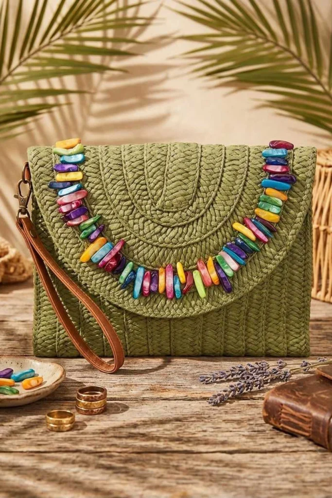 Straw Colorful Beaded Clutch Bag