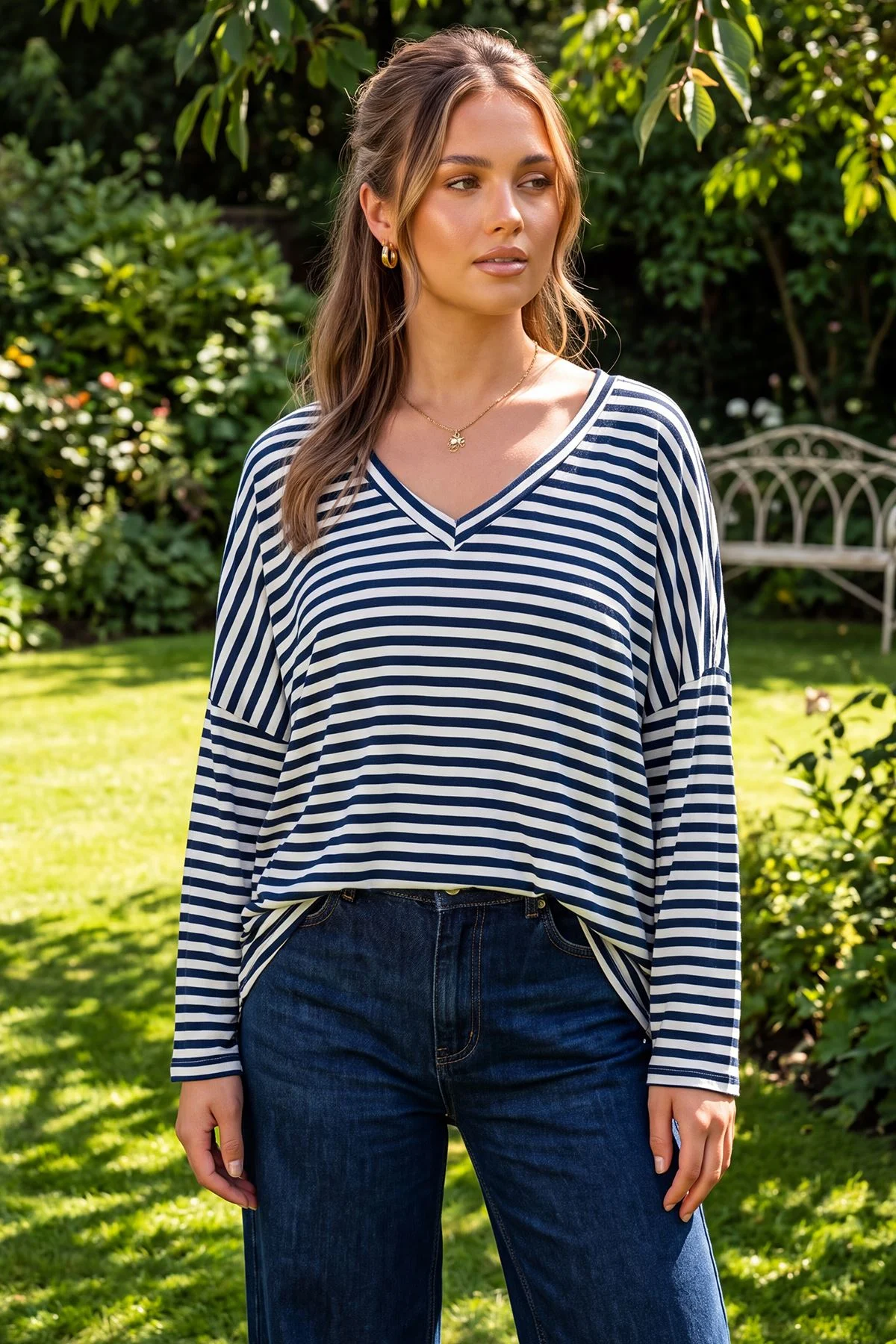 Stripe Print Drop Shoulder Tunic Top