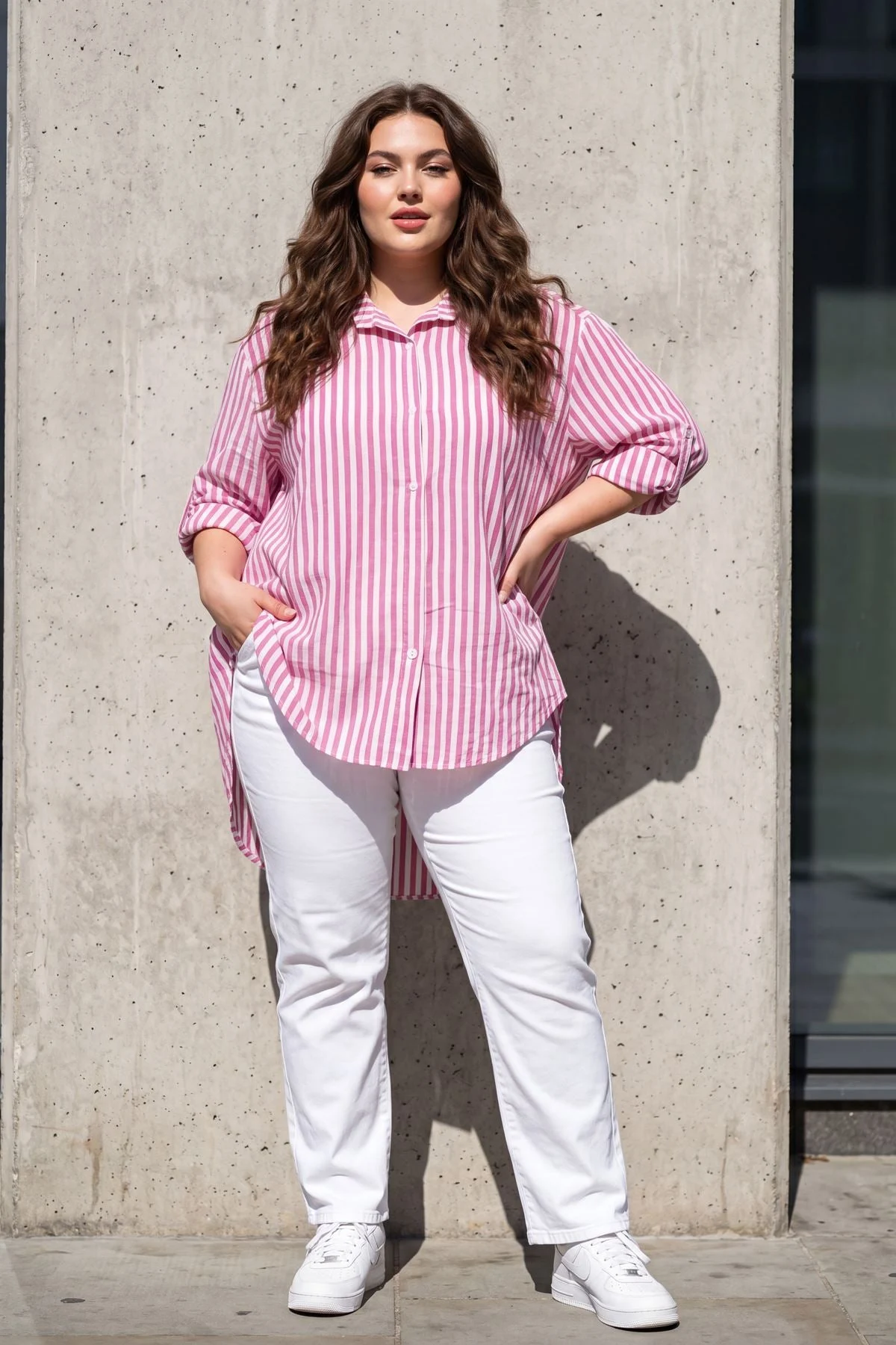 Stripe Print Hi Low Hem Casual Shirt