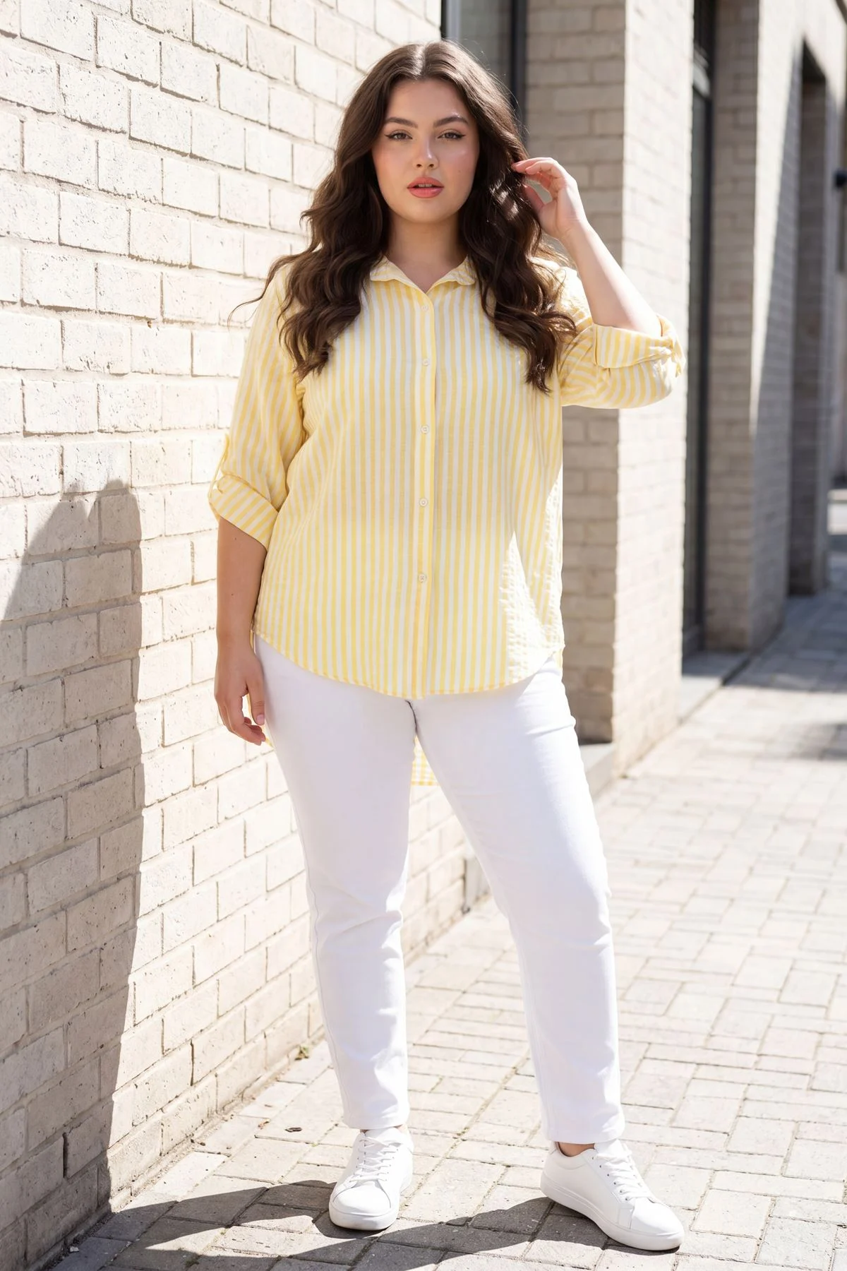 Stripe Print Hi Low Hem Casual Shirt