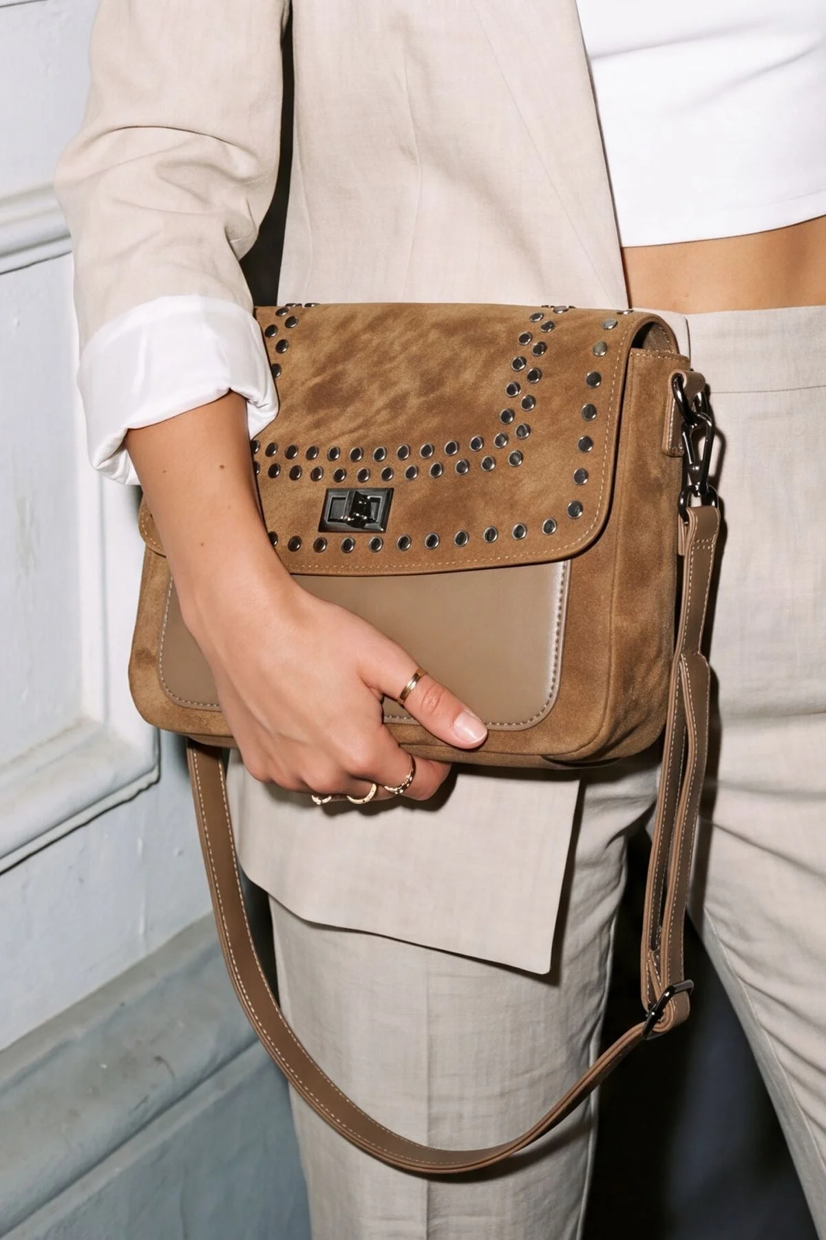 Studded Faux Suede Crossbody Bag