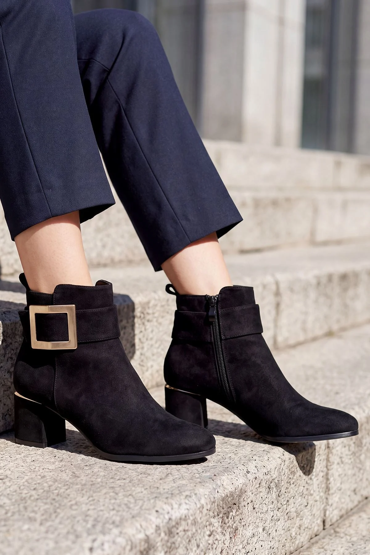 Suede Side Buckle Block Heel Ankle Boot