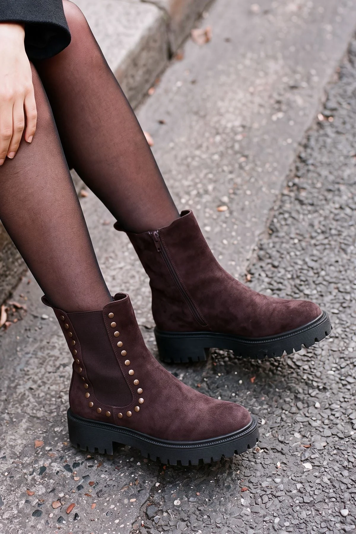 Suede Studded Chunky Sole Ankle Boot