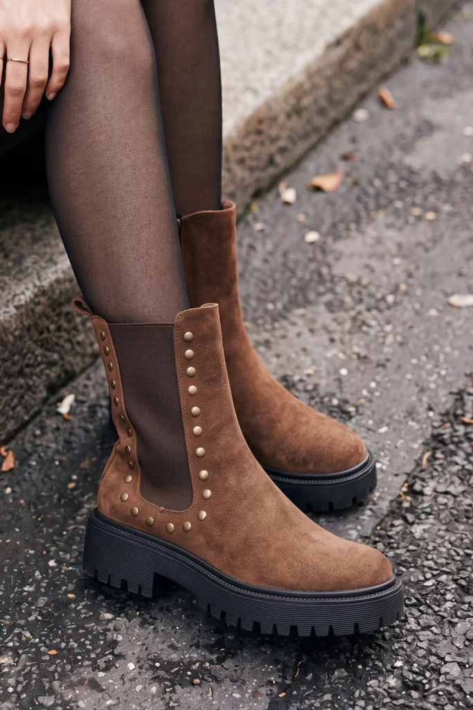 Suede Studded Chunky Sole Ankle Boot