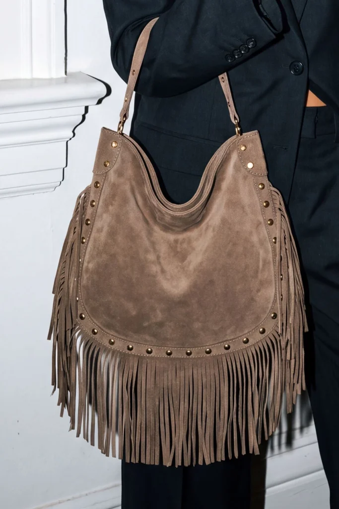 Suede Studded Fringe Shoulder Bag