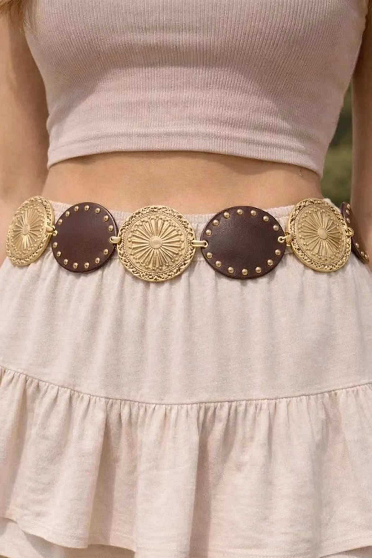 Western Eyelet Panel Concho Chain Belt