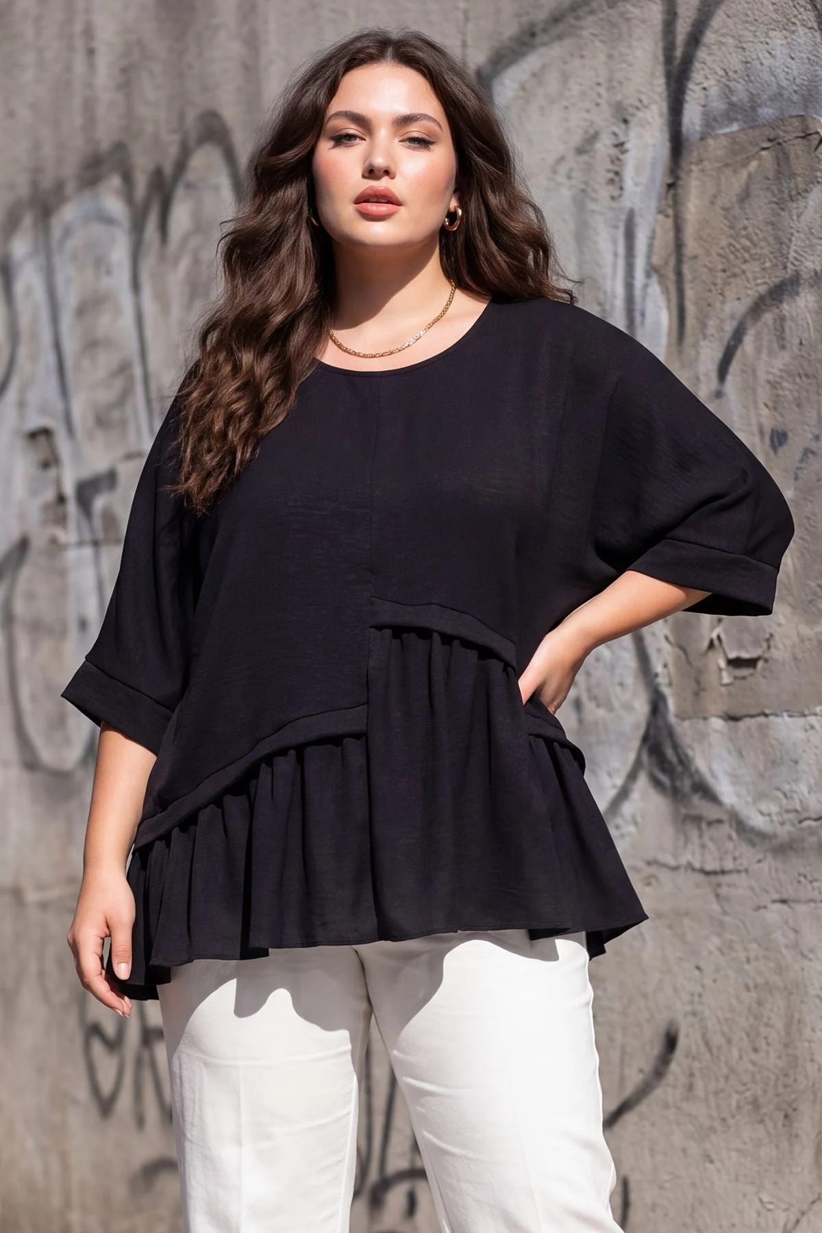 Women�s Plain Layered Oversized Batwing Sleeve Top