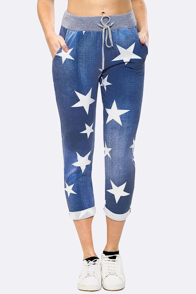 Women's Casual Foldover Hem Trousers in Star Print