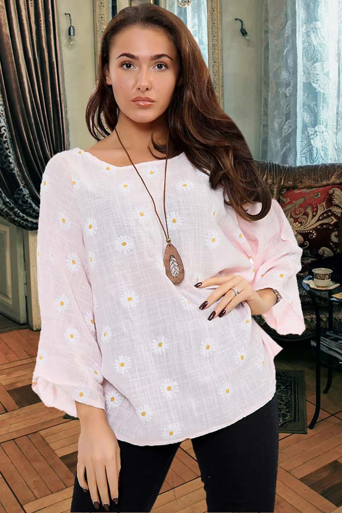Womens Daisy Print Cotton Necklace Tunic Top