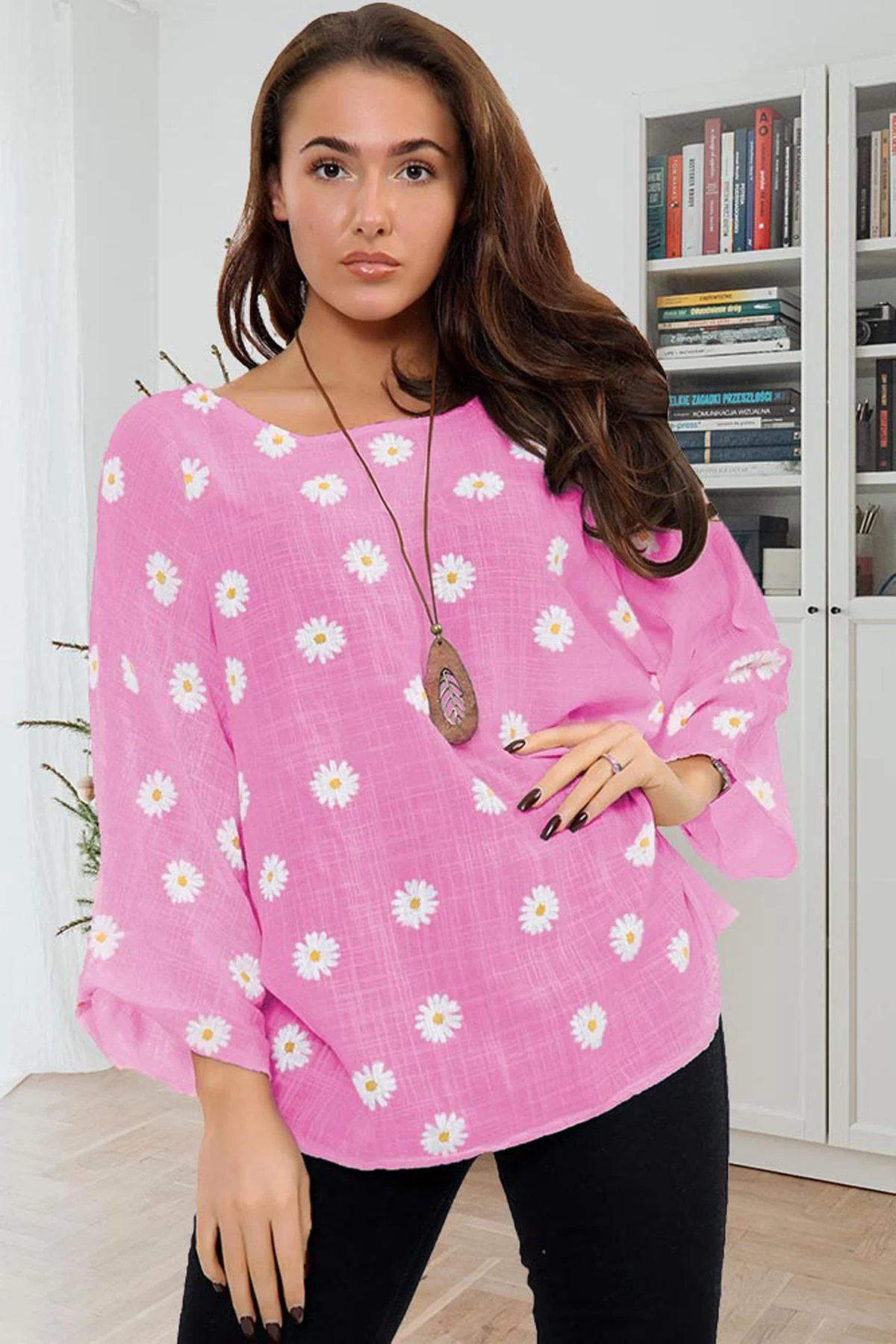Womens Daisy Print Cotton Necklace Tunic Top