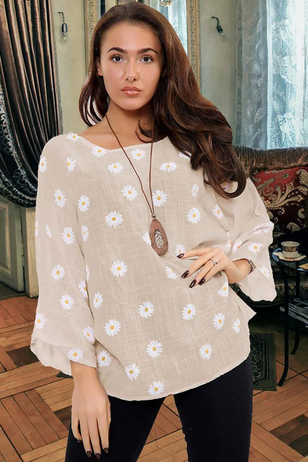 Womens Daisy Print Cotton Necklace Tunic Top