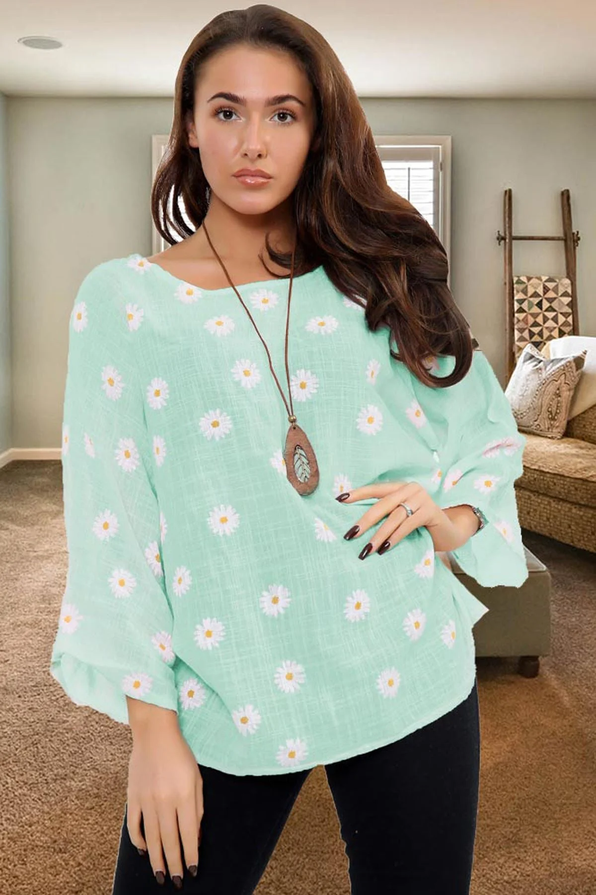 Womens Daisy Print Cotton Necklace Tunic Top