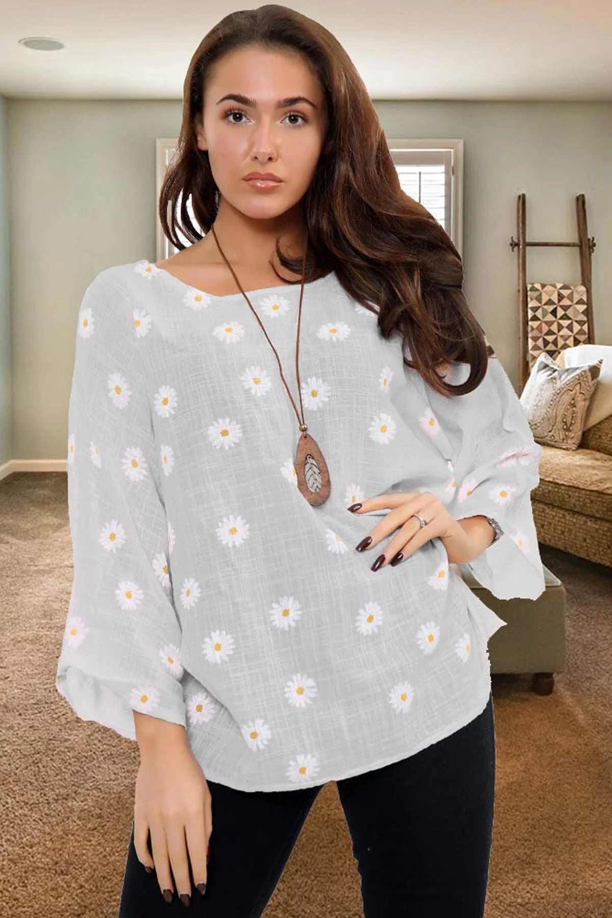 Womens Daisy Print Cotton Necklace Tunic Top