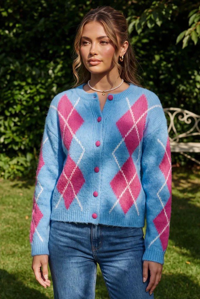 Womens Diamond Print Argyle Cardigan