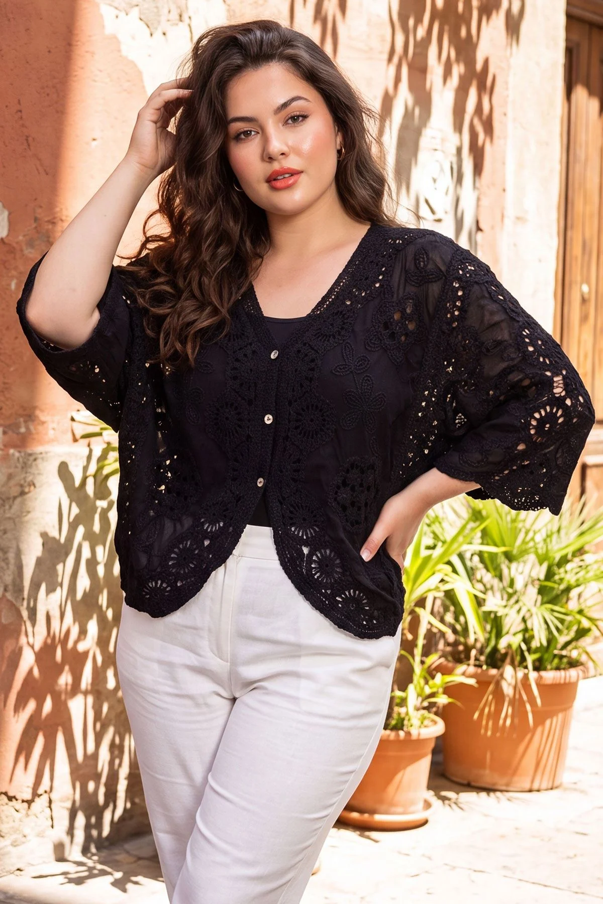 Womens Embroidered Top with Floral Button Front Cotton Design