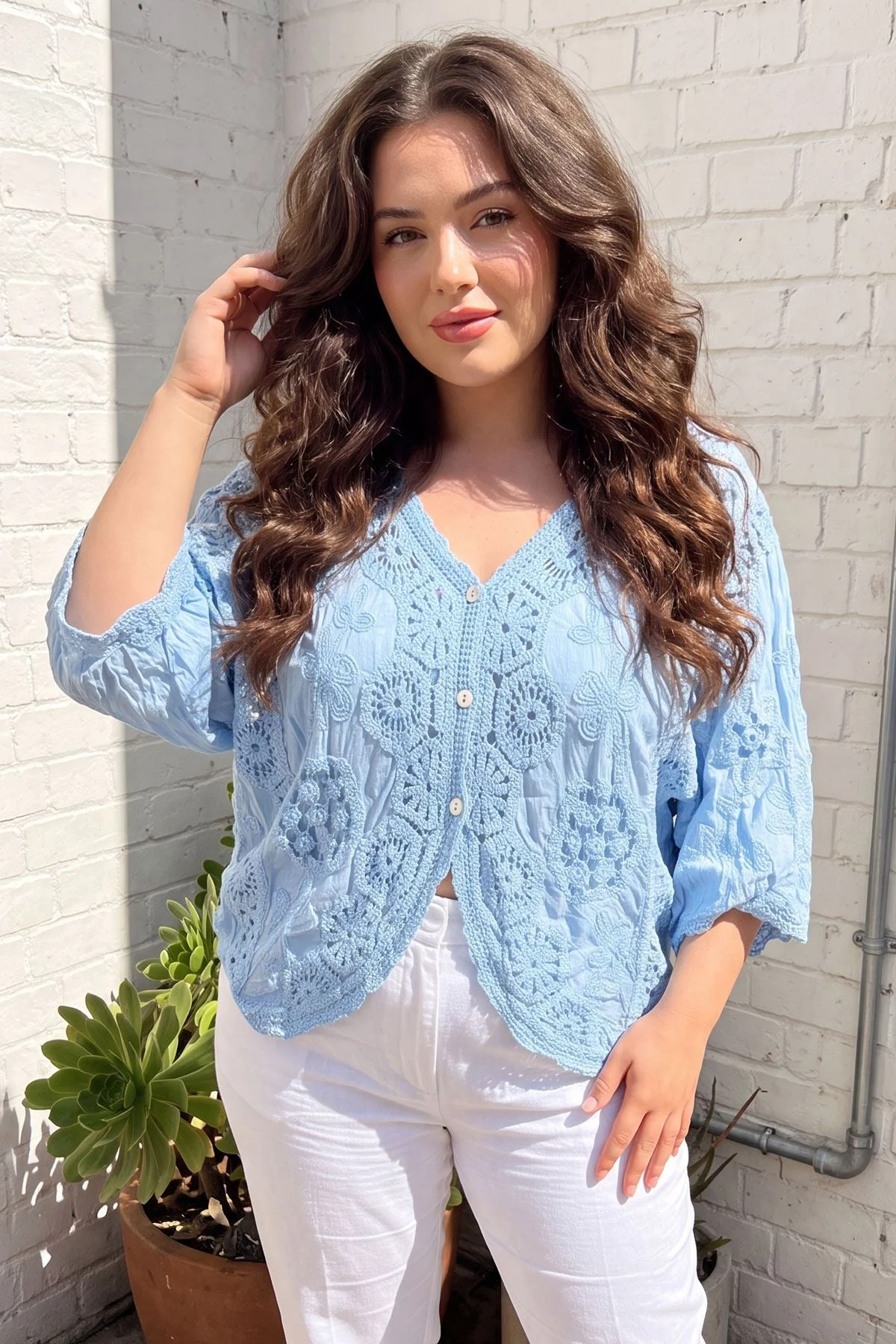Womens Embroidered Top with Floral Button Front Cotton Design