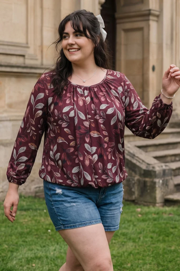 Womens Floral Leaf Print Elasticated Hem Top