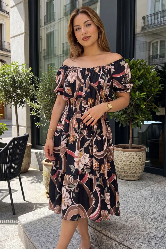 Womens Floral Midi Dress Puff Sleeves