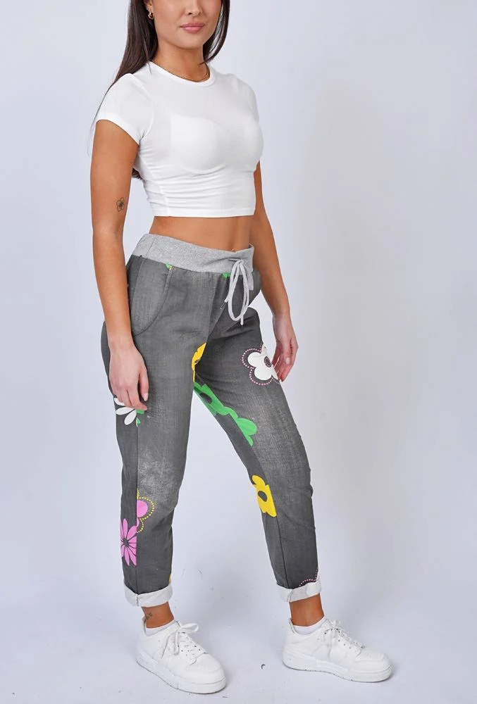 Womens Floral Print Cotton Trousers with Elasticated Waist
