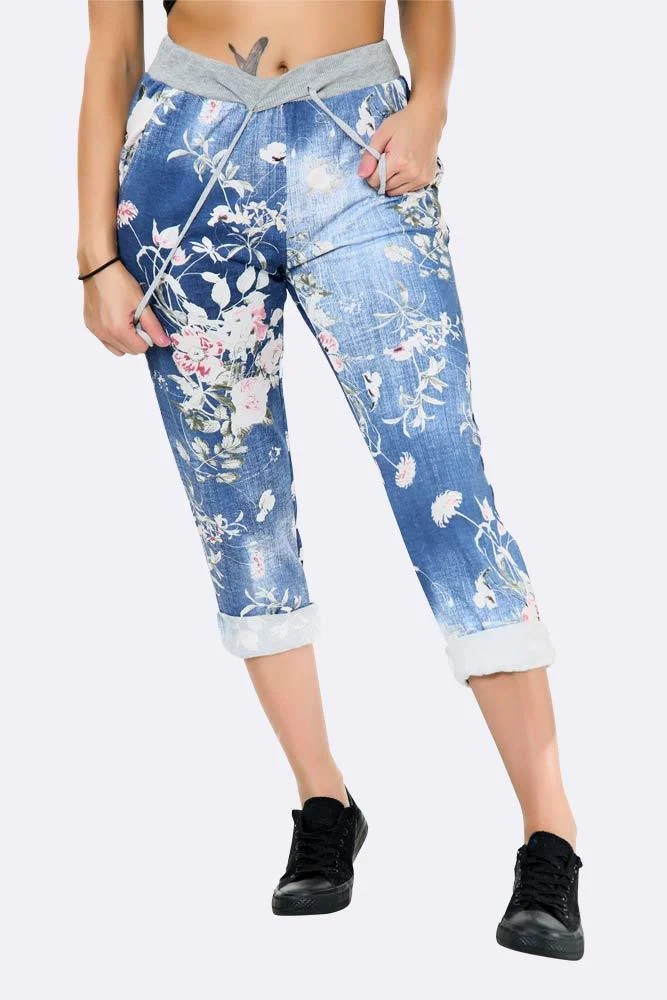 Womens Floral Wide Leg Cotton Trousers