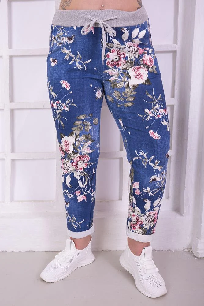 Womens Floral Wide Leg Cotton Trousers