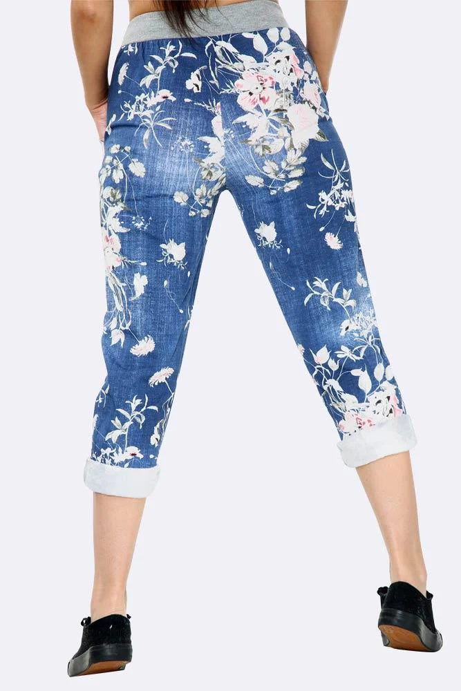 Womens Floral Wide Leg Cotton Trousers