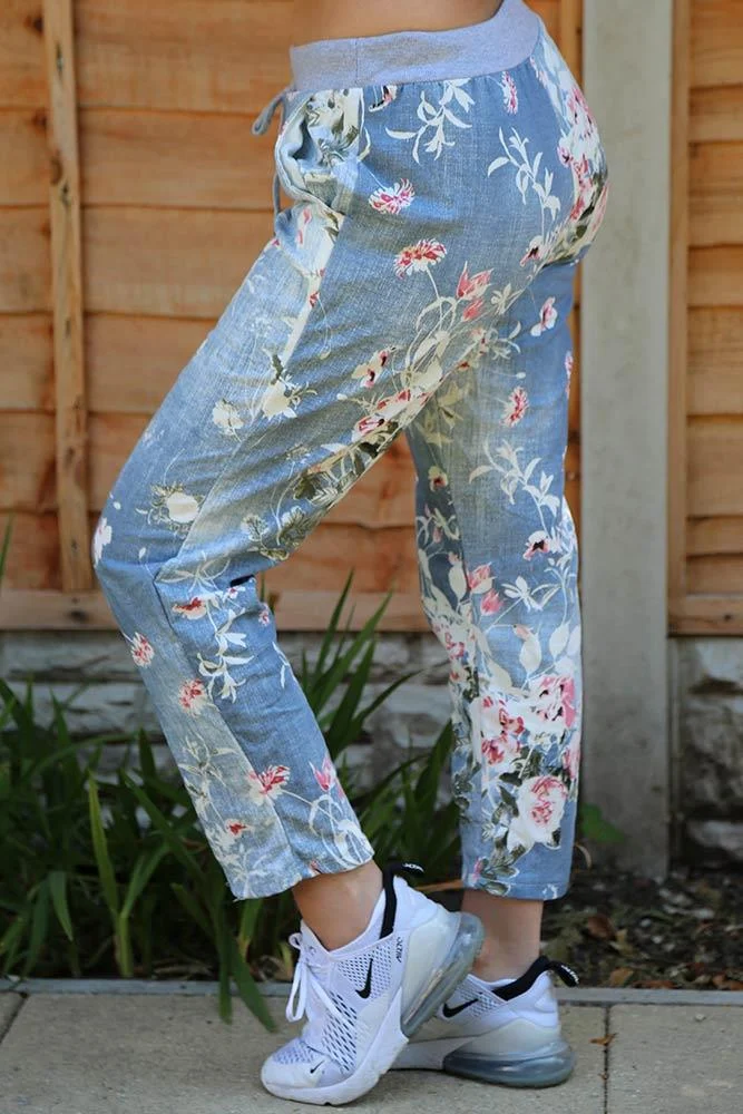 Womens Floral Wide Leg Cotton Trousers