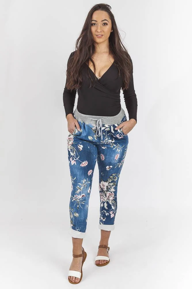 Womens Floral Wide Leg Cotton Trousers