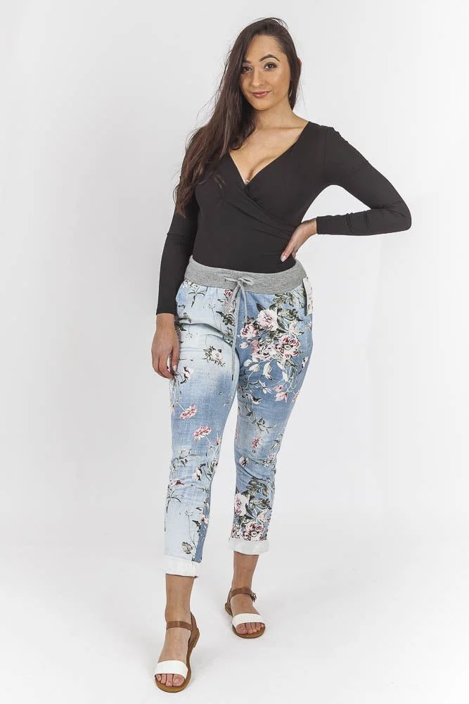 Womens Floral Wide Leg Cotton Trousers