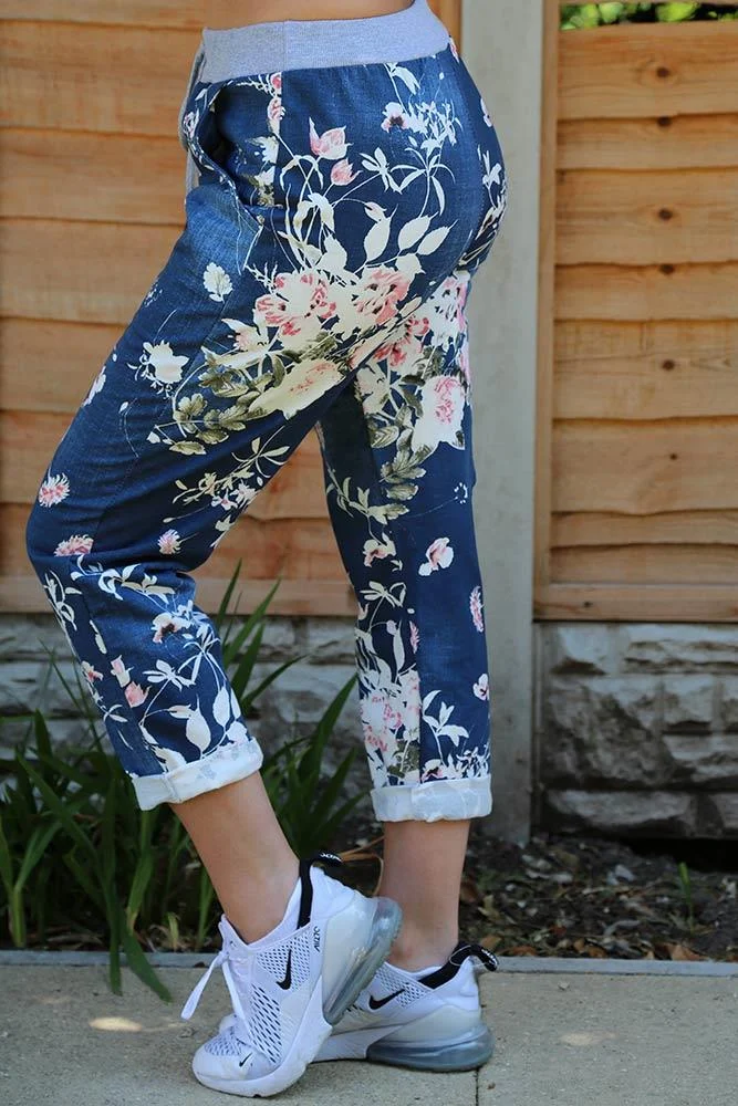 Womens Floral Wide Leg Cotton Trousers