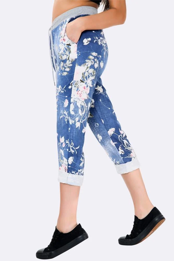 Womens Floral Wide Leg Cotton Trousers