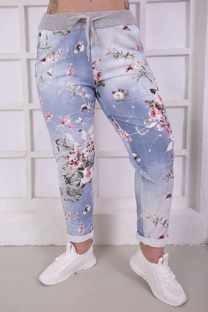 Womens Floral Wide Leg Cotton Trousers