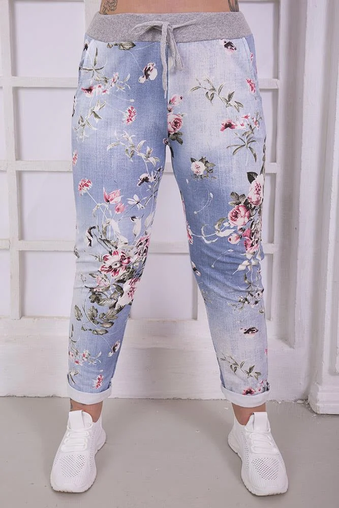 Womens Floral Wide Leg Cotton Trousers