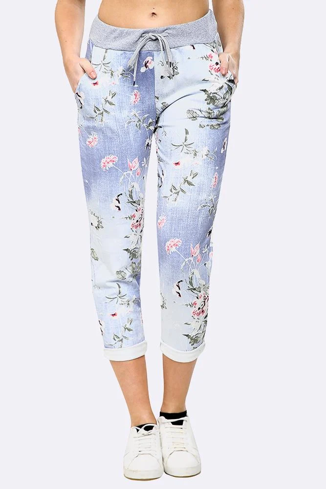 Womens Floral Wide Leg Cotton Trousers