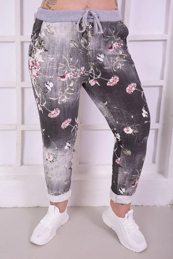 Womens Floral Wide Leg Cotton Trousers