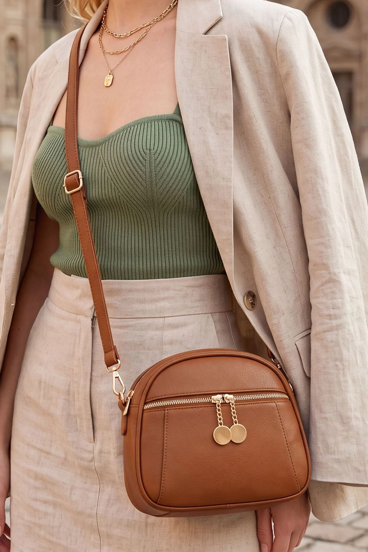 Womens Front Zip Crossbody Bag with Adjustable Strap