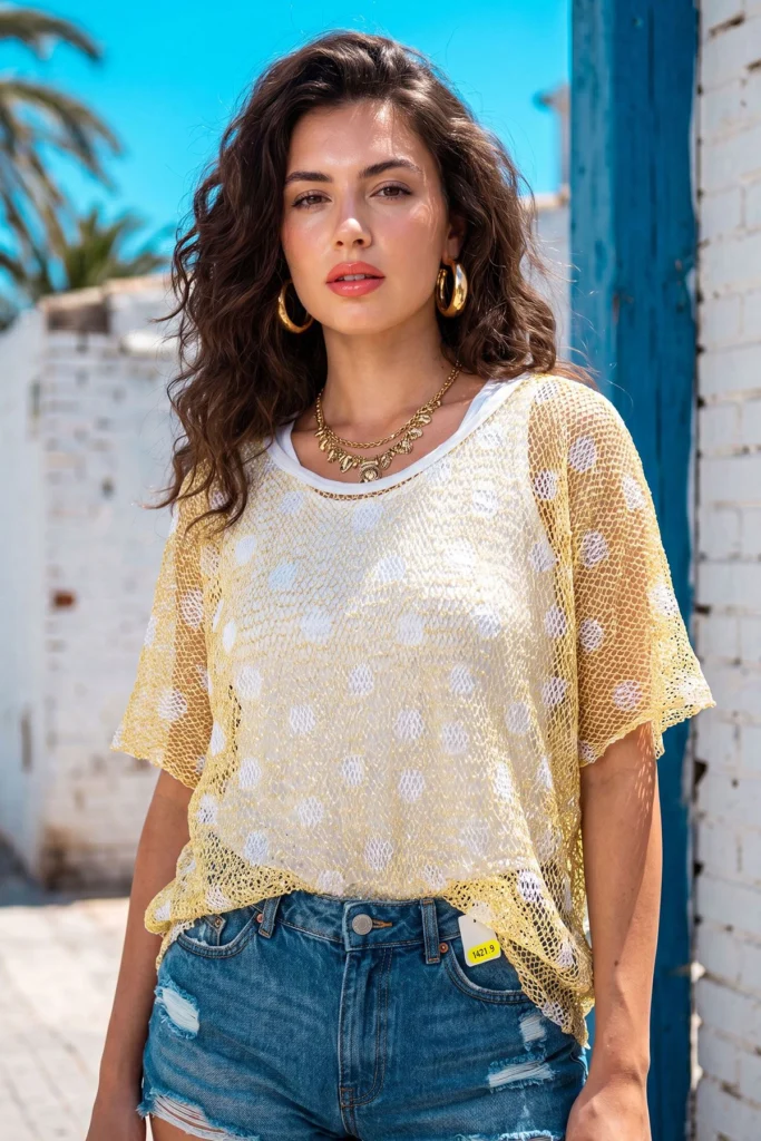 Women's Layered Polka Dot Mesh Top in Italian Style