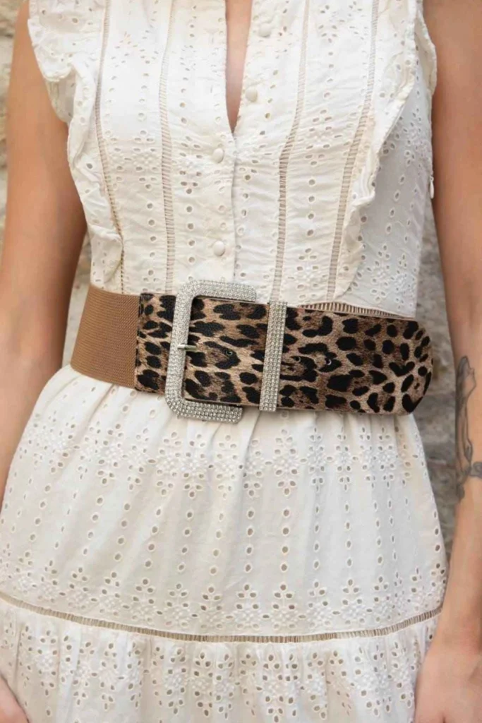 Womens Leopard Print Elastic Waist Belt with Crystal Buckle