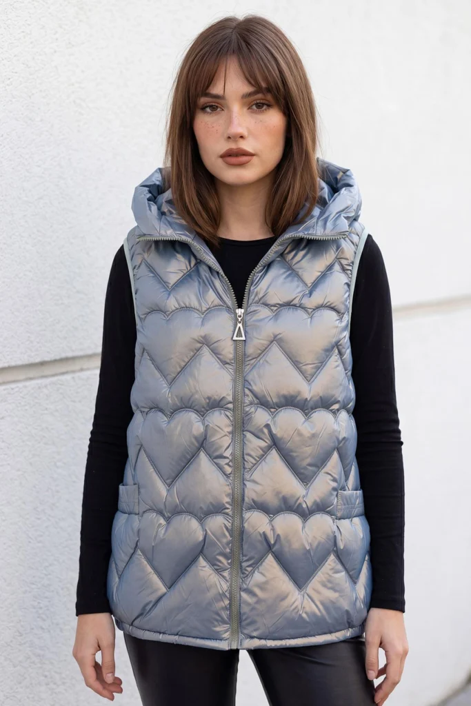 Womens Metallic Gilet with Heart Quilted Hood and Pockets